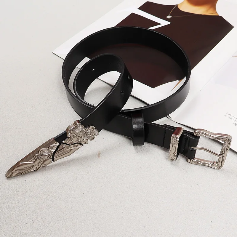 

Kiesza lyte Fashion 2024 Western Belt Carved Buckle design Cowboys luxury High quality Cowhide Leather belt for Women