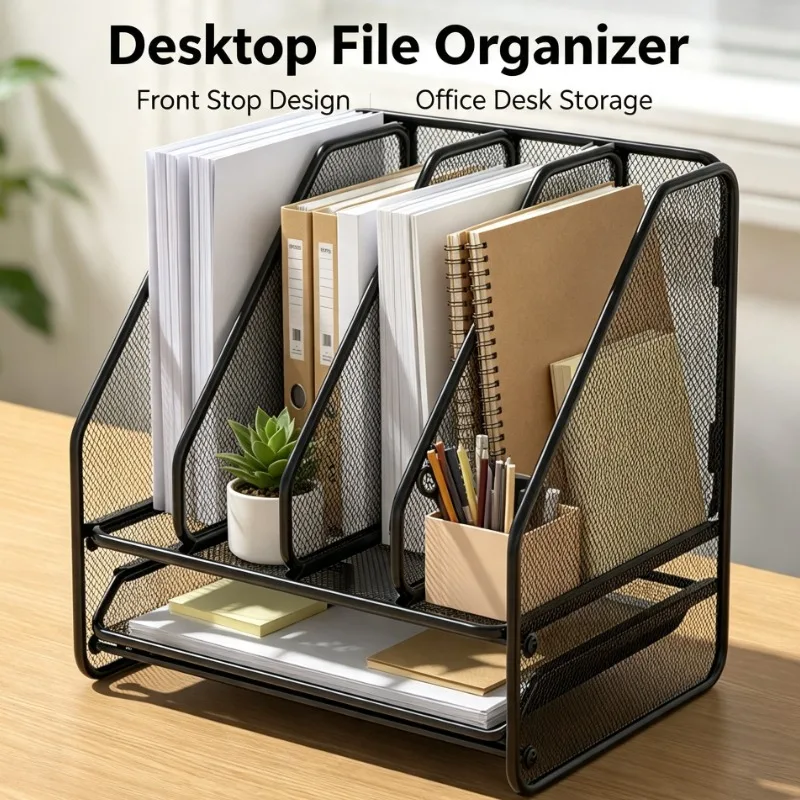 Metal Mesh Desktop File Organizer With 4 Vertical Slots And Bottom Shelf For Office Home Study Document Storage Rack