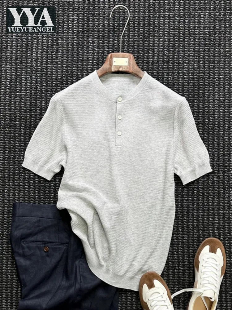 Summer Men Streetwear Henry Collar Linen Short Sleeve T Shirt Casual Knitted Breathable Tees Tops Fashion Pullovers Men T Shirts