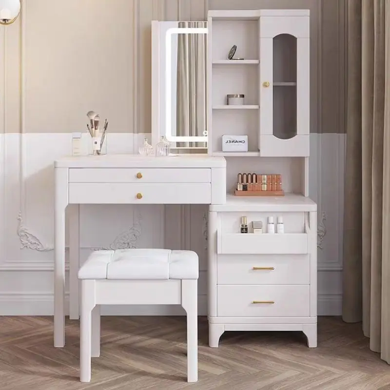 

Rubber wood lamp table light luxury table bedroom table mirror can be hidden large-capacity
