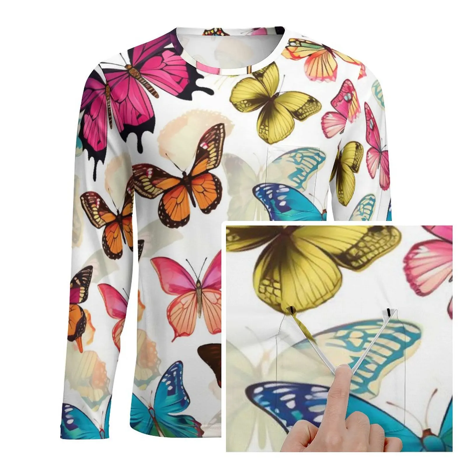 Colorful Butterflies T-Shirt Animal Men Retro T-Shirts With Pocket Daily Graphic Tees Long Sleeve Basic Oversized Birthday Gift