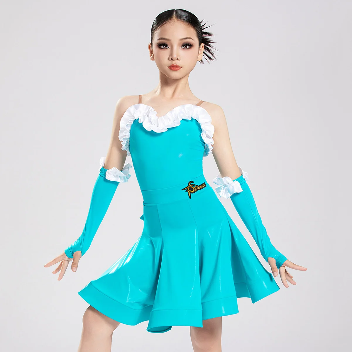 Children Latex Latin Dance Dress for Girls Competition Professional Practice Bodysuit and Large Skirt Standard Dancewear Costume