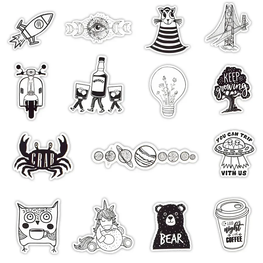50 pezzi adesivi Vsco cartone animato in bianco e nero cool semplicità adesivi anime carini impermeabili fai da te laptop valigia bici auto decalcomanie