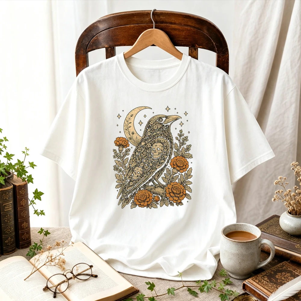 Vintage Crow Raven with Crescent Moon Marigold Floral Dia De Los Muertos Mystical Gothic Folk Art Retro Celestial Cotton T‑Shirt