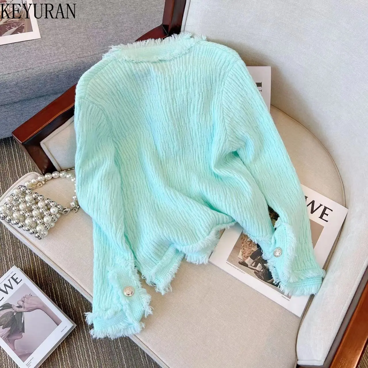 Green Tassel Knitted Cardigans Women Autumn Winter Solid V Neck Korean Fashion Single Breasted Office Lady Women Sweaters Mujer