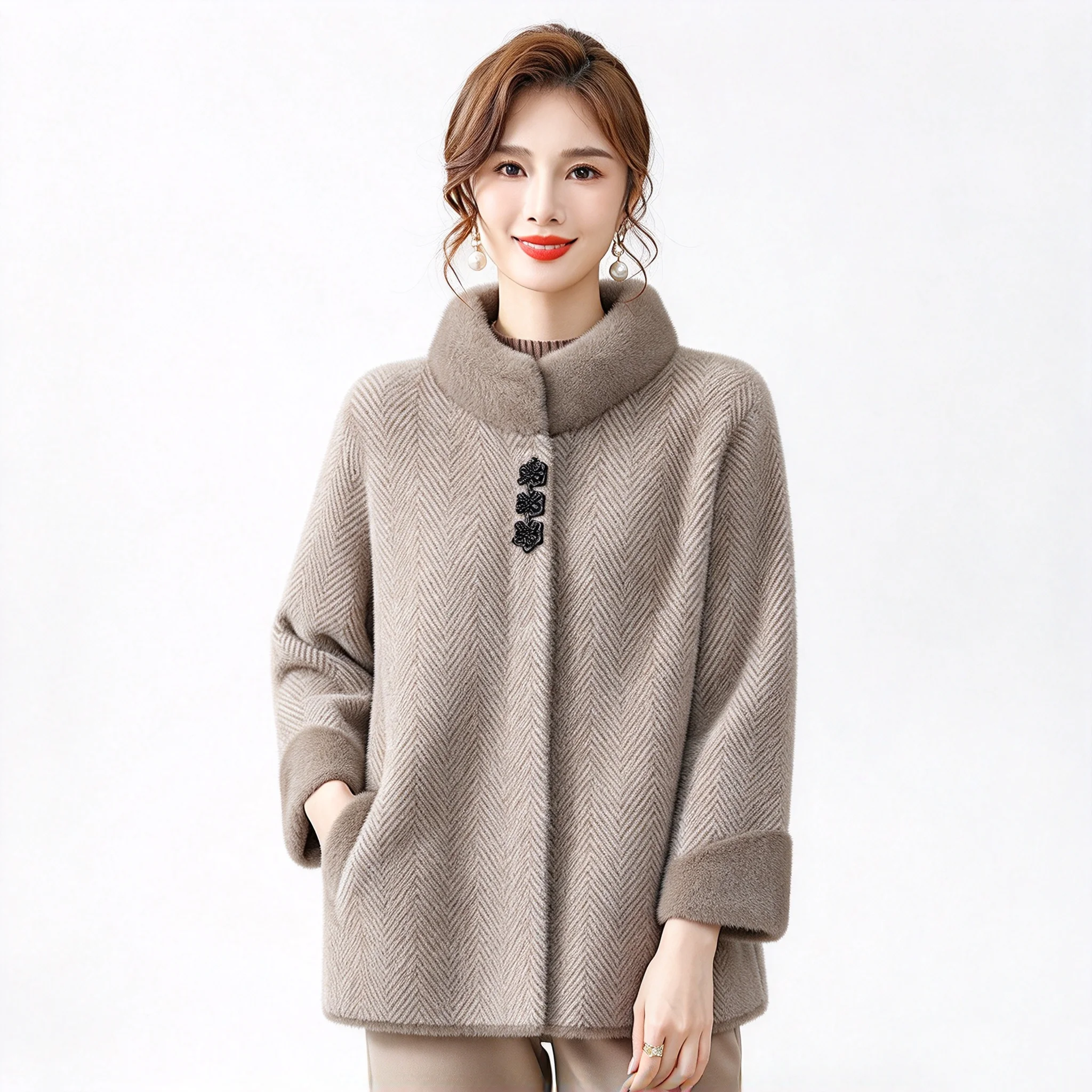 Womens Mink Fleece Coat Stand Collar Herringbone Pattern Loose Warm Mom Winter Outerwear Elegant Overcoat For Middle Aged Ladies