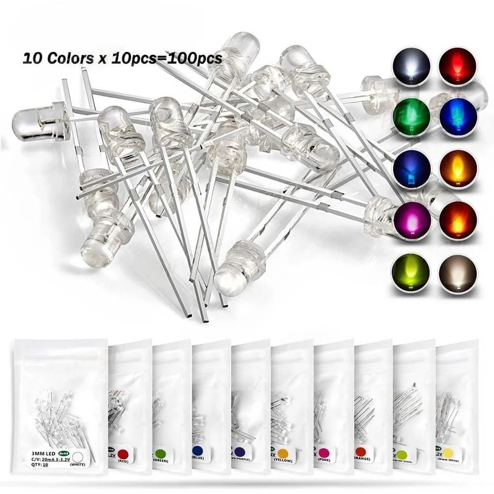 PULAR 100pcs 3mm LED Diode Ultra Bright Warm White Red Green Blue UV Purple Yellow Orange Pink 2V 3V Multicolor Assortment