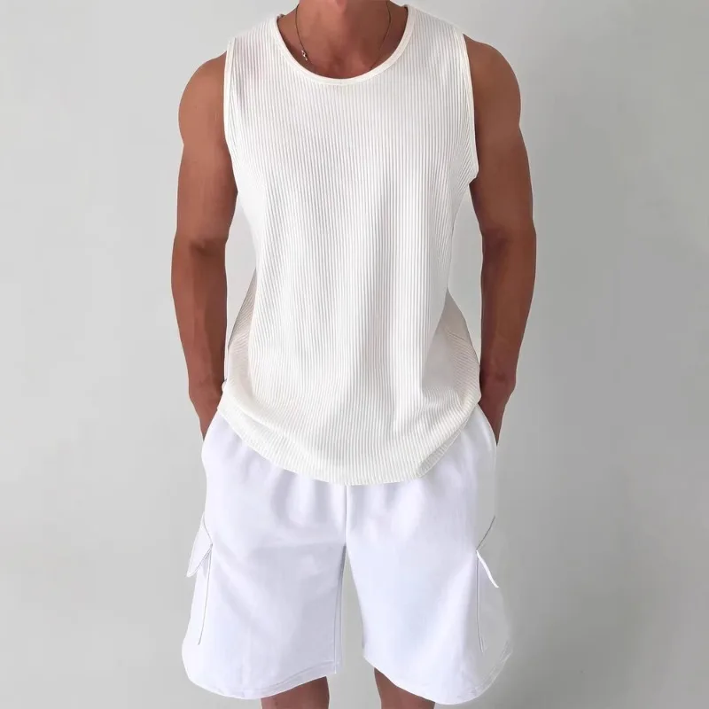 U-Shaped Large Neckline Vest Men's Pleated Textured Loose Sleeveless T-Shirt Waffle Jacquard Knitted Waistcoat