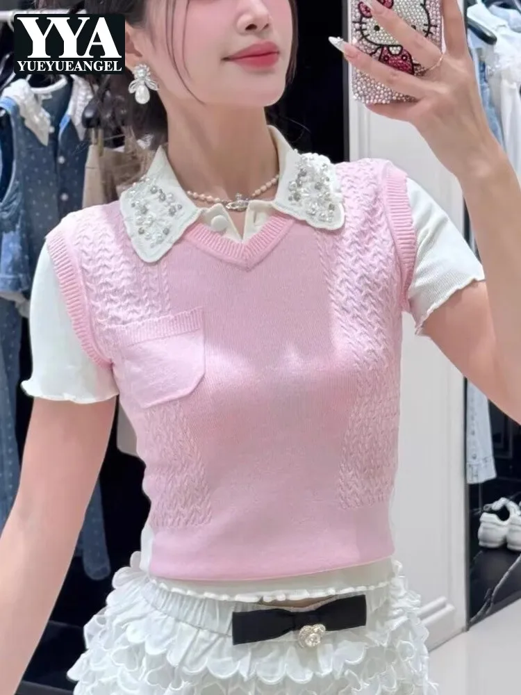 

Женские милые свитера с кукольным воротником, искусственный два дизайна, женский вязаный топ, модный пуловер с лацканами и бисером, Лидер продаж, лоскутный трикотаж