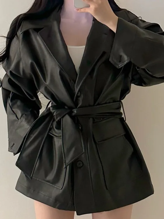 

Chic Autumn Winter PU Leather Jaet Stand Collar Medium Length Trendy Women's Faion Outerwear Casual Sle Long Sve