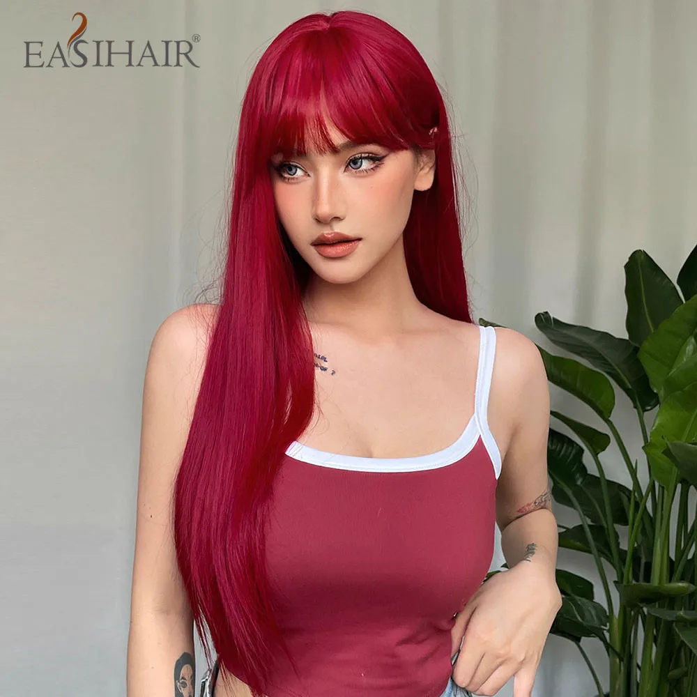 Eashihair – perruque synthétique longue et lisse avec frange, rouge bordeaux et marron, pour femmes, résistante à la chaleur