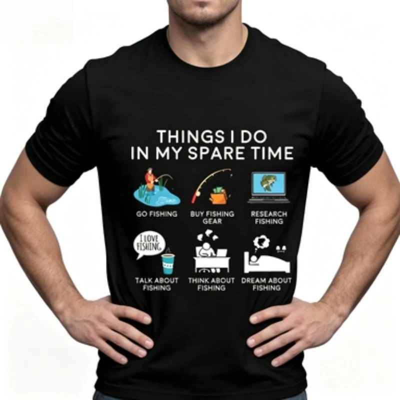 Men Round Neck Short Sleeve T-shirt Funny Fishing Print Tee Things I Do In My Spare Time Fisherman Gift  Tops