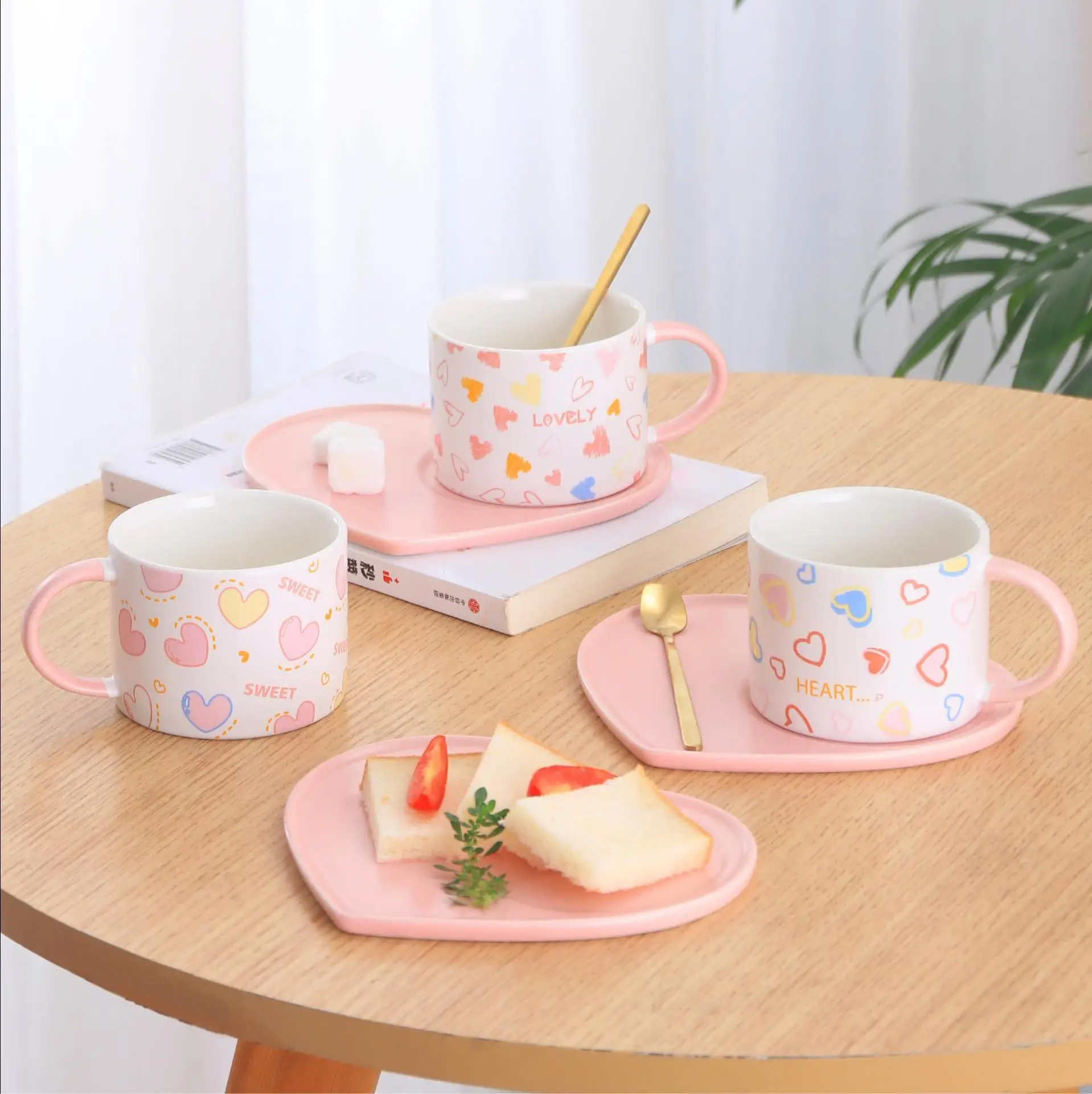 Pink Cute Ceramic Coffee Cup Saucer Sets Love Heart Style Plate With Spoon Couple Pair Cup And Dish Set Home Office Coffee Cup