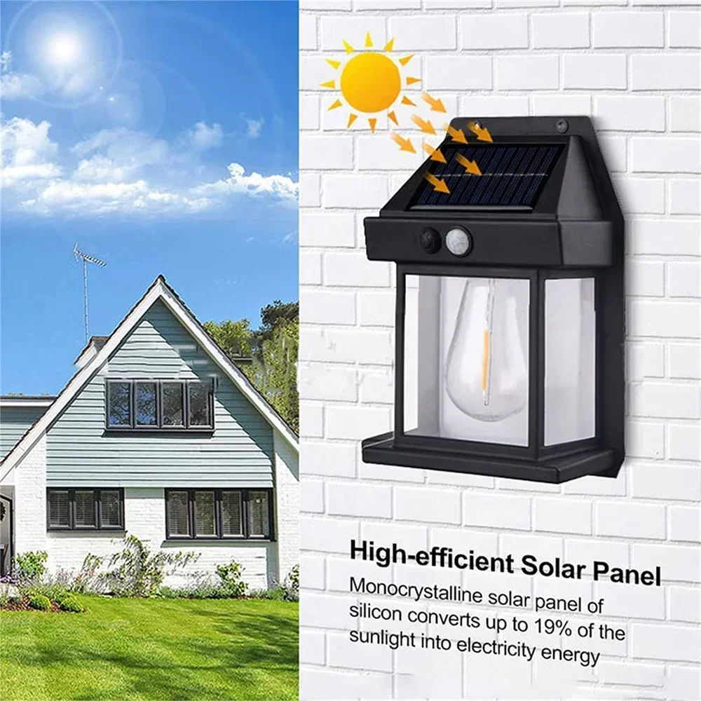 Solar Wall Light LED Motion Sensor Outdoor Wall Lamp Waterproof Lights Patio Garden 3 Mode Tungsten Filament Solar Charging Lamp