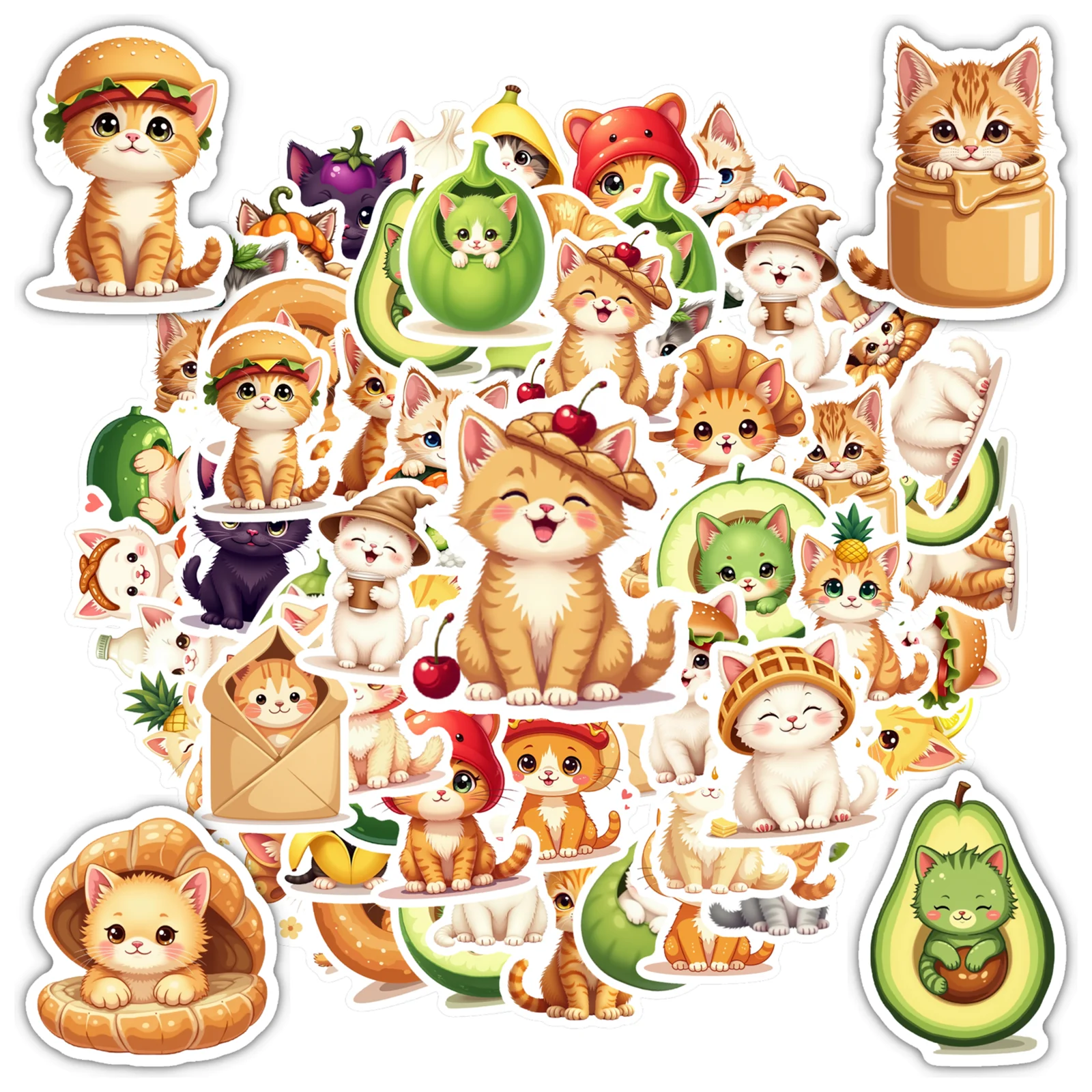 35pcs-100pcs Decals  Adorable Prints Adorable Kitten Stickers Fun Food Stickers Cartoon Cat Decals for Phone Customization