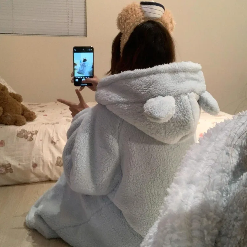 رداء جيب للنساء ملابس نوم فستان نوم شتوي ملابس ليلية بيجامة من الصوف الدافئ قطعة واحدة ثوب نوم بقلنسوة ملابس منزلية للنوم