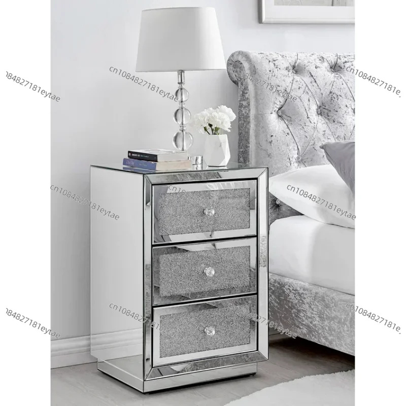 -Modern Luxury Crushed Diamond Mirrored 3 Drawer Storage Bedside Table Bed Side Nightstand For Bed Rooms