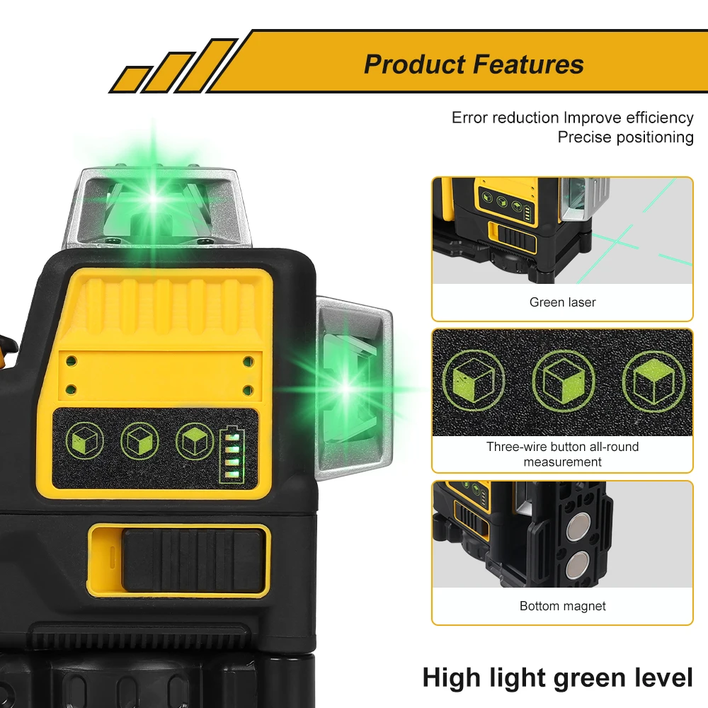 Podofo 12-Linien Grüner Laser-Nivelliergerät Selbstnivellierend 360° °   Horizontale und vertikale Nivelliergeräte, wiederaufladbar, 12 V, 2,0 Ah, Li-Ion, IP65, wasser- und staubdicht, mit Ladegerät