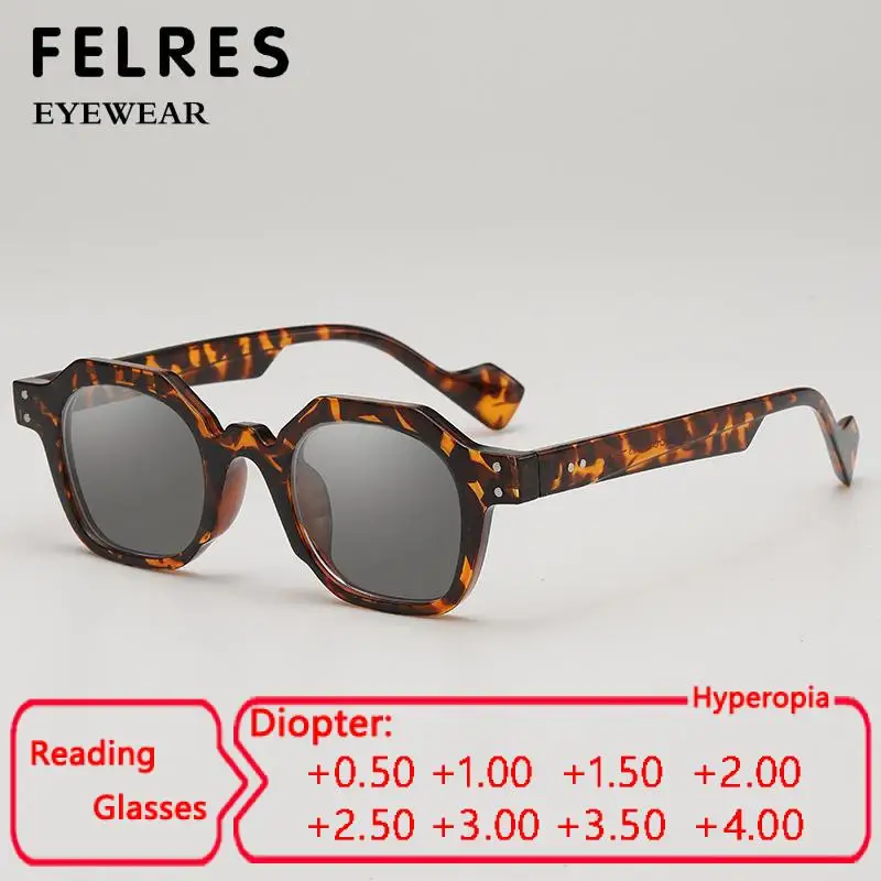 Retro Polygon Men Tinted Reading Glasses Fashion Trend Women Thick Frame Prescription Readers Outdoor Shade Sunglasses +1.0 1.5
