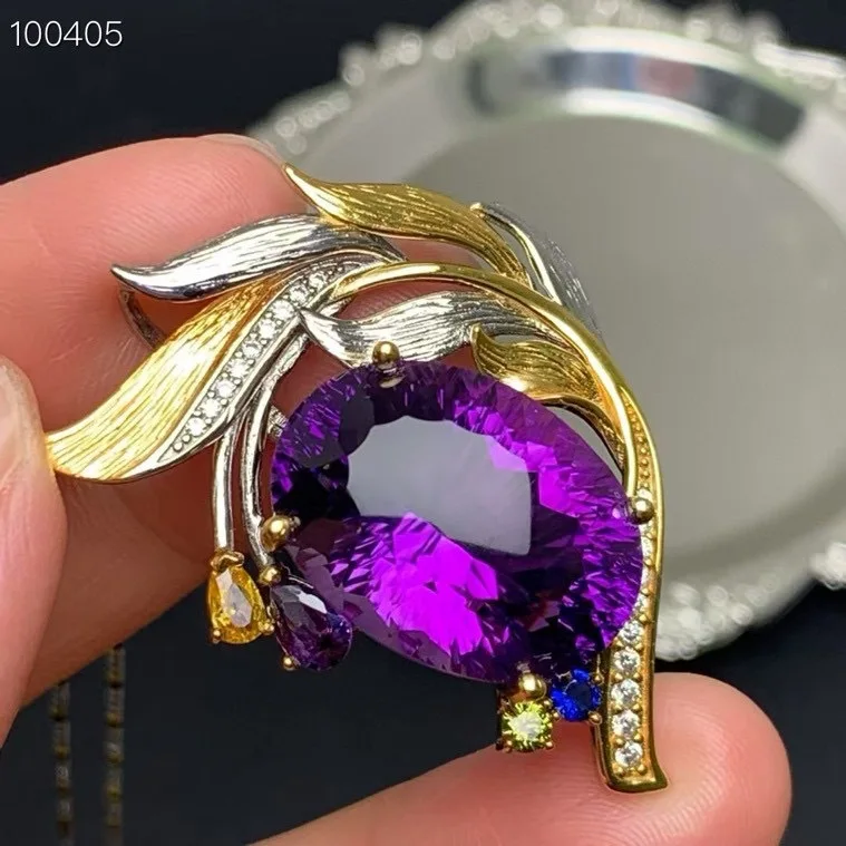 

Vintage Palace Natural Amethyst Pendant, 925 Silver Two-Tone 16x22mm Handmade, Crystal Jewelry Gift for Women