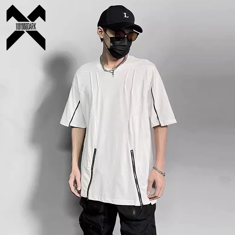 2024 Summer Functional T-Shirt Mens Techwear Zipper Design Punk  T Shirt Streetwear Harajuku Tshirt Tees Tops Black