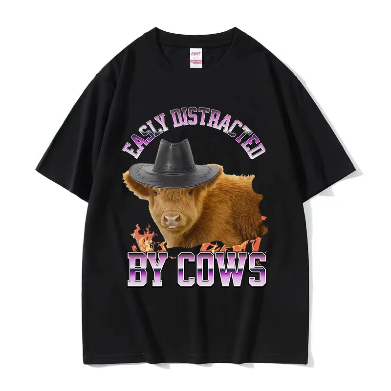 Easily Distracted By Funny Cows Meme T-Shirt Men Summer Casual O-Neck Cotton T Shirt Retro Oversized Short Sleeve T-shirts