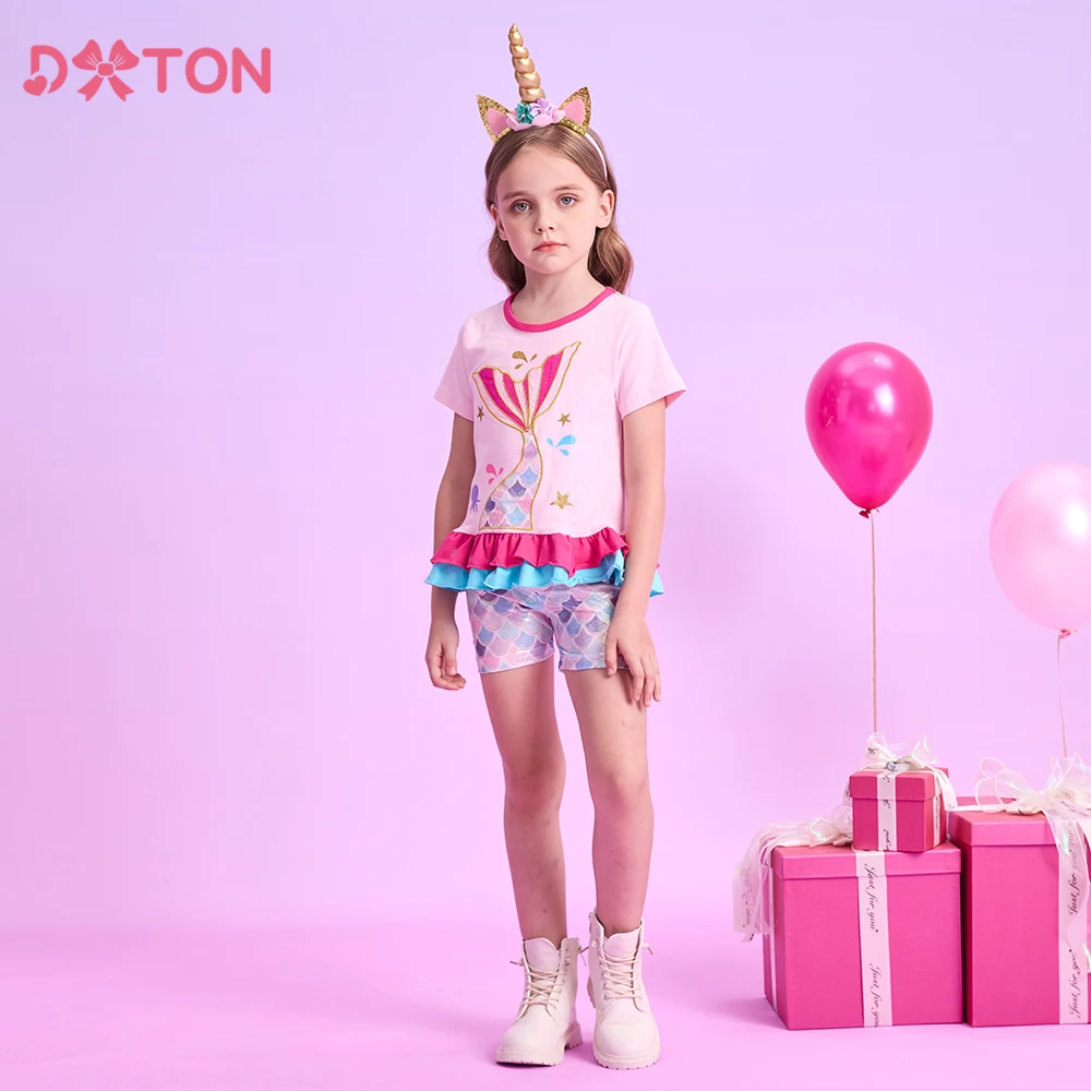 

DXTON Summer Girls Clothing Suit Short Sleeve Tops & Shorts Mermaid Ruffle Outfits Children Cartoon 2Pcs Set Kids Baby Clothes