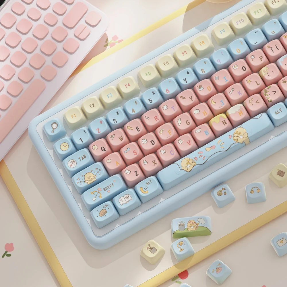 Keycap Set Cute Duck 112-Key Of Keycaps Pink Blue Color Spring Summer Xunyuji Theme Pbt Sublimation Type Moa Personalized Keycap