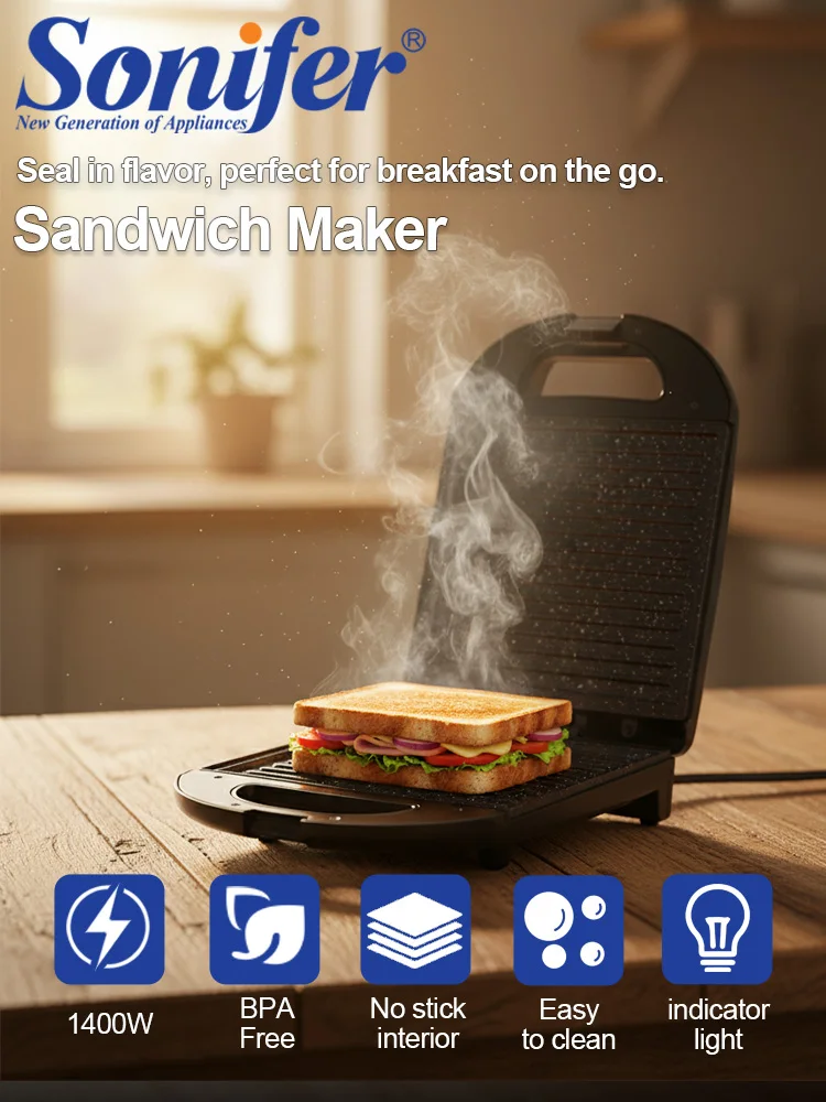 Sandwich Maker Sonifer SF-6194 1400W Electric Grill Non Stick Plate Panini Press Breakfast Machine for Home Kitchen