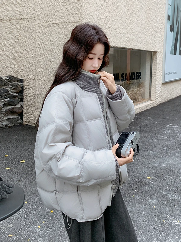 Damska dzianinowa kurtka patchworkowa ze stójką, ocieplana, zimowa, modna, ciepła odzież wierzchnia, luźny krój.