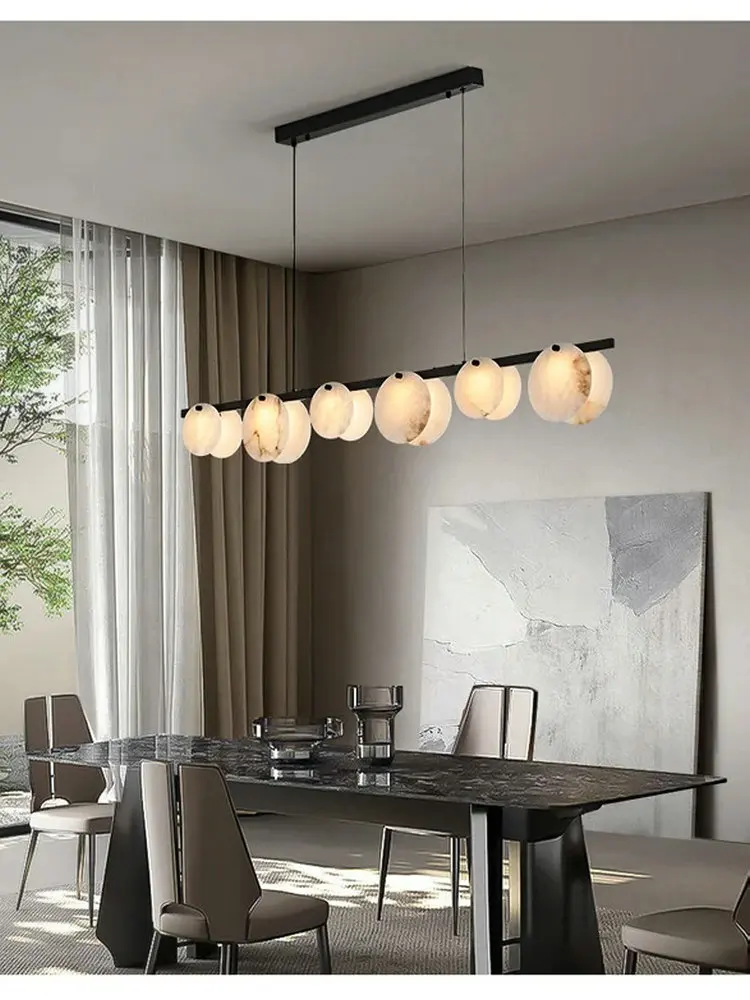 Nordic Unique Simple Dining Table Long Strip Chandelier Modern Hotel Guest Room Led Brass Marble Pendant Light