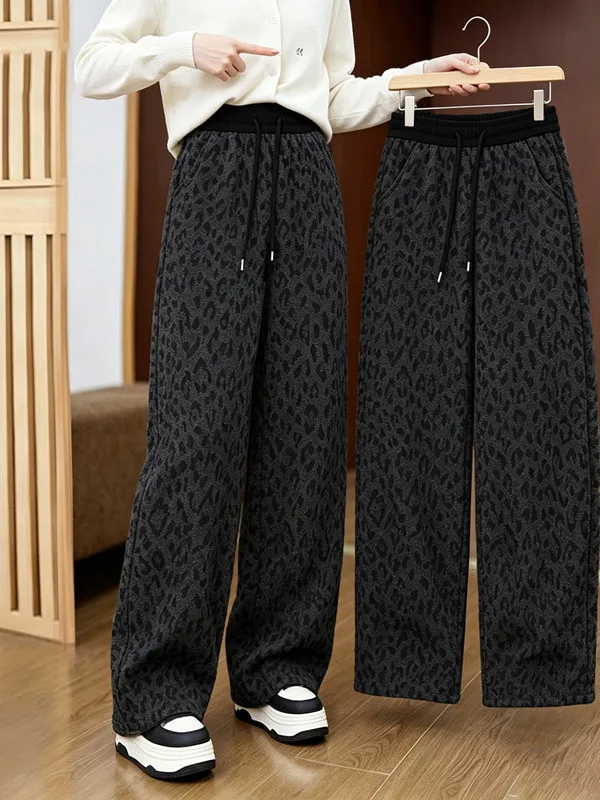 Women's Wide Leg Pants Leopard Print Woolen High Waist Elastic Casual Sweatpants Loose Fit Autumn New Style Knife Trousers