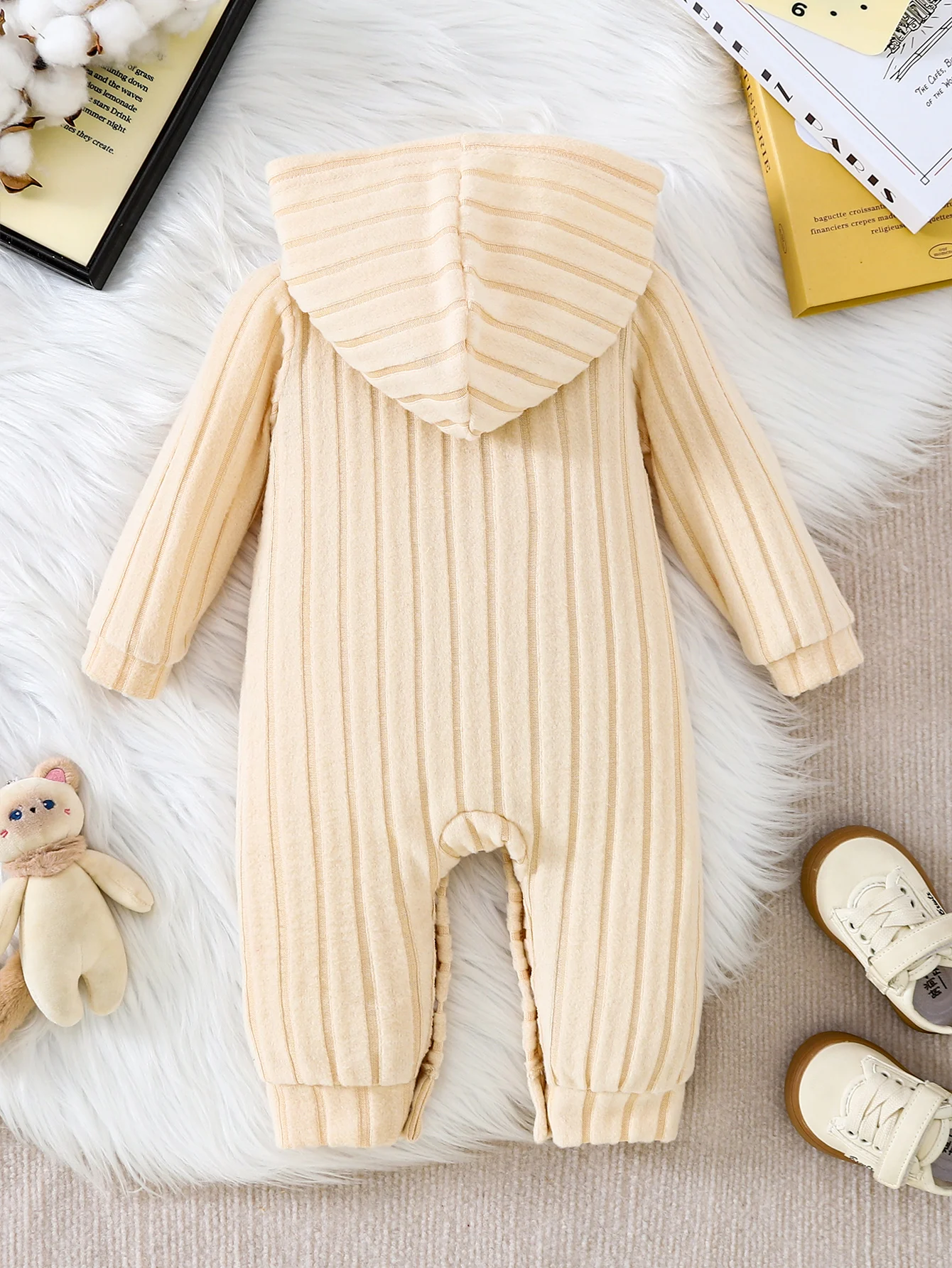 Autumn Baby Romper Suit with Hat Striped Design Simple Gentle Style Vertical Stripes Fabric Button Closure And Pocket Daily Warm