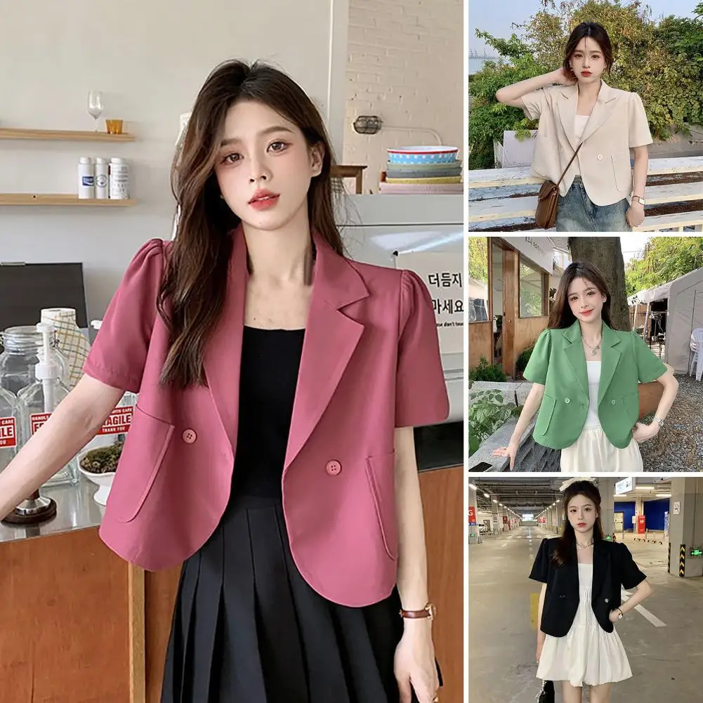 

Women's Blazers Jacket Lapel Solid Color Single Breasted Pockets Summer Blazer Short Sleeve Thin Cropped Suit Coat Outerwear