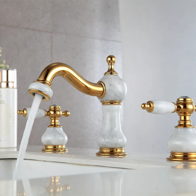 

Европейский элитный смеситель для раковины из позолоченной латуни, для ванной комнаты, с мраморным эффектом, для горячей и холодной воды, для душевой, на три отверстия