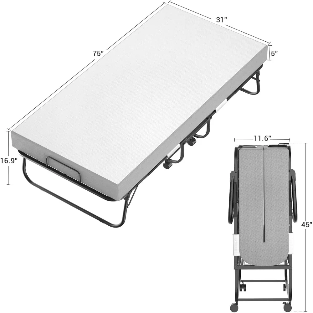 Folding Bed with Mattress for Adults, Portable Rollaway Guest Bed, Cot Size Foldable Bed with 5 Inch Memory Foam Mattres