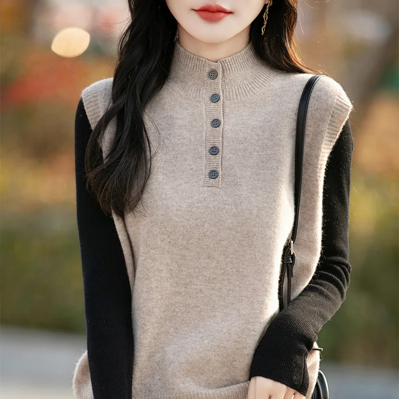 

Весна/осень 2022, новый женский кашемировый вязаный жилет с полувысоким воротником, свободный пуловер из 100% мериносовой шерсти, футболка, свитер, майка, женский