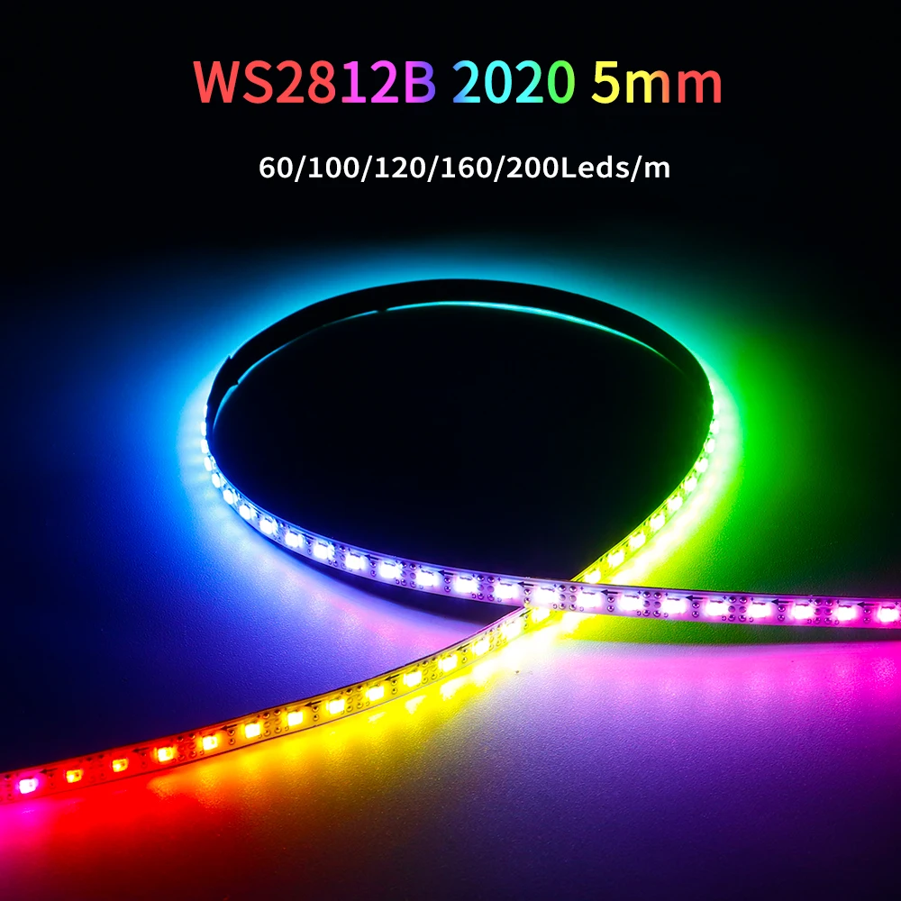 5mm Ultra-Wąska 2020SMD WS2812B Taśma LED RGBIC WS2812 60/100/120/160/200 diod LED/m Indywidualnie adresowalna taśma IC DC5V