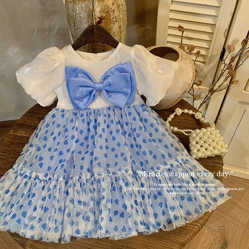 Girl's Princess Dress2024Summer New Children's Bubble Sleeve Sweet Fairy Mesh Swing Dress