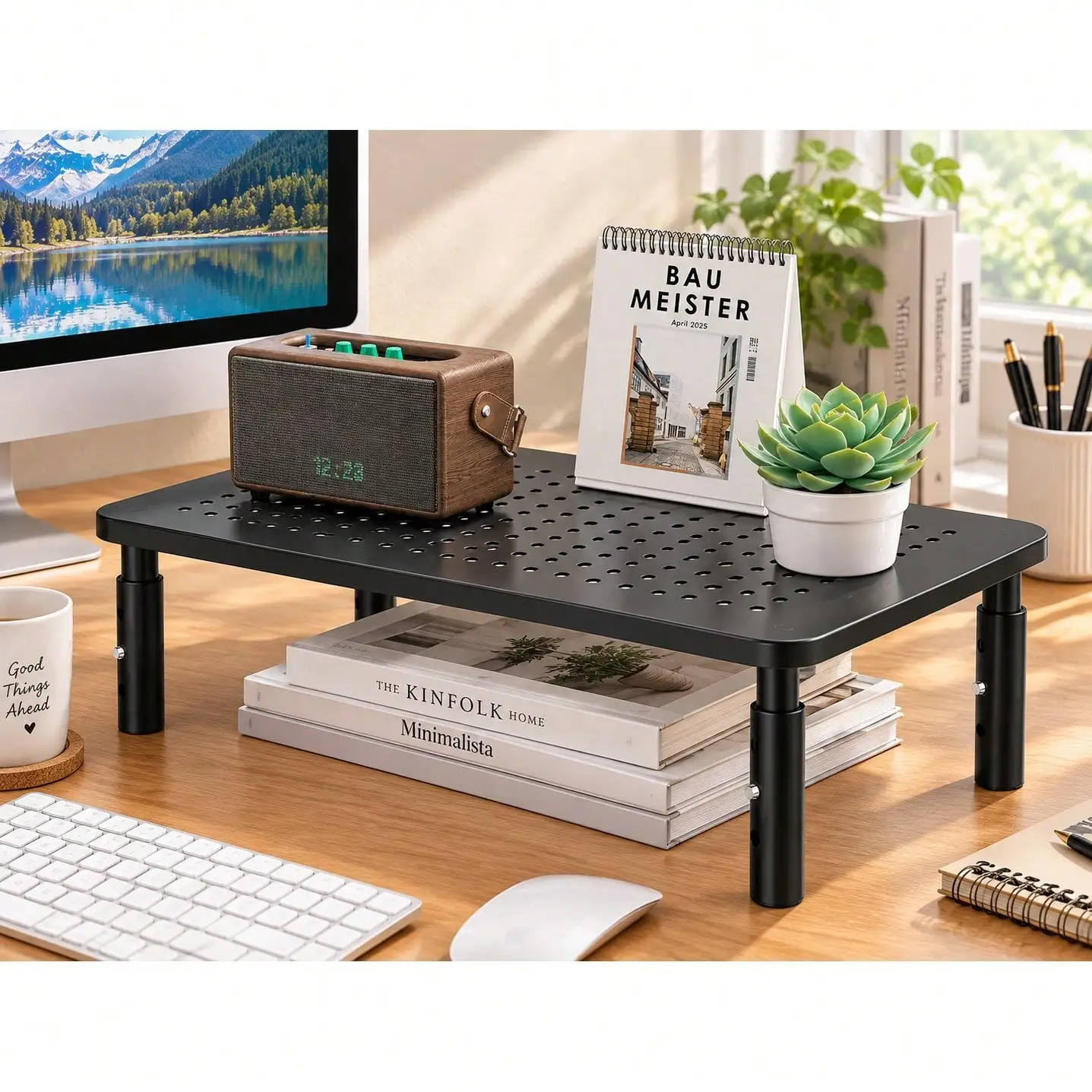 Desk Organizer, 1 Tier Computer Monitor Stand For Desk, Desk Monitor Riser 3 Height Adjustable, Laptop Stand Underneath Storage For Office, Home, School Supplies (STT003), 1 Pack, Black