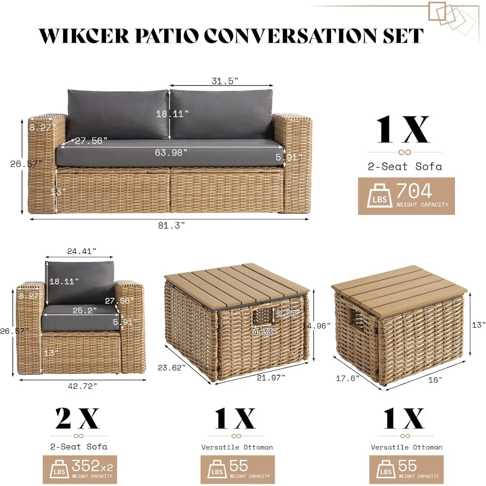 طقم أريكة فناء مكون من 6 قطع مع طاولة قهوة قابلة للتحويل - مساند للذراع واسعة 8.3، محادثة خارجية من الروطان المقاوم للأشعة فوق البنفسجية