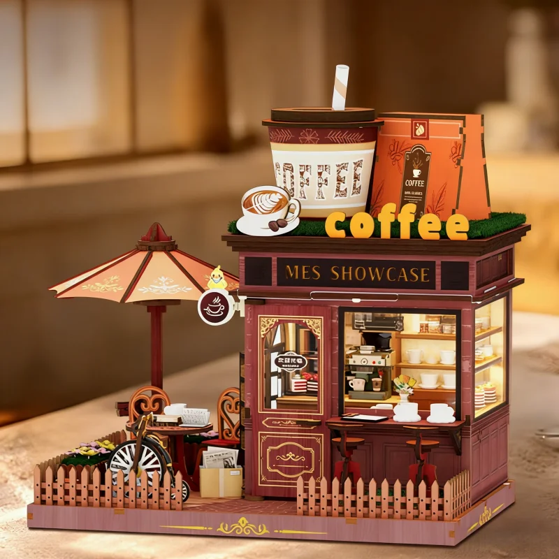 

Деревянная музыкальная шкатулка OUZEY 3D: уютный вид на улицу кафе — миниатюрная вращающаяся модель «сделай сам», уникальный декор стола для подростков