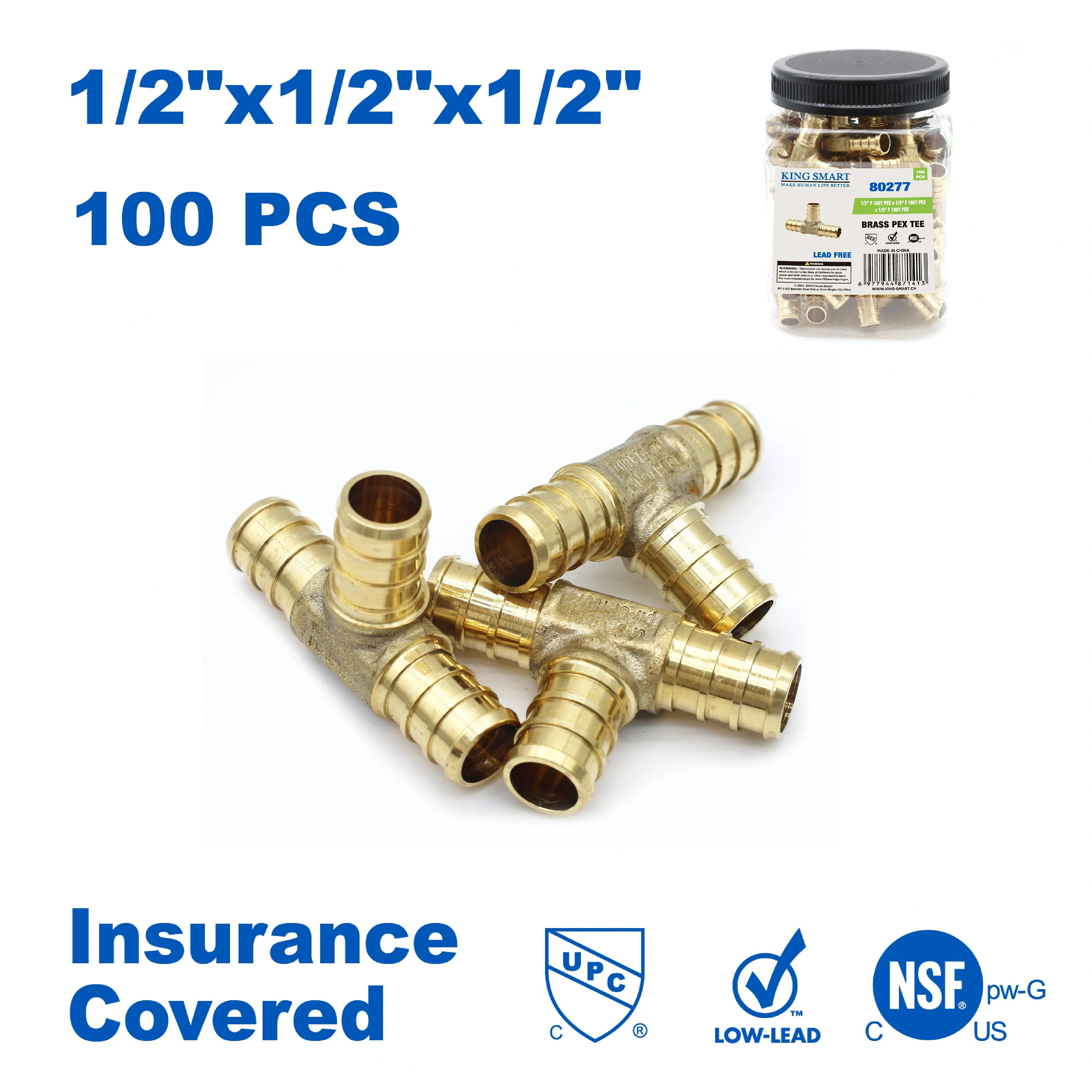 

KING SMART Crimp/F1807 PEX 1/2" PEX Tee; for PEX B/C PERT Pipe Installation; Lead Free Brass; 100Pcs/Case; 80277