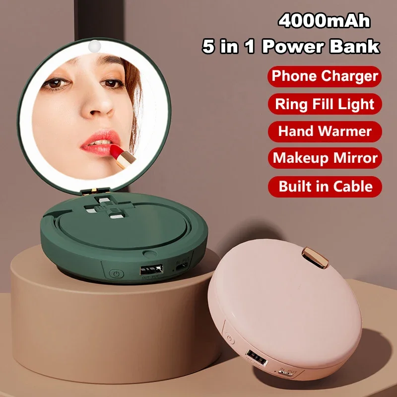 

5 in 1 Hand Warmer Power Bank Makeup Mirror with Light Portable Charger Powerbank for iPhone 17 Samsung Xiaomi External Battery