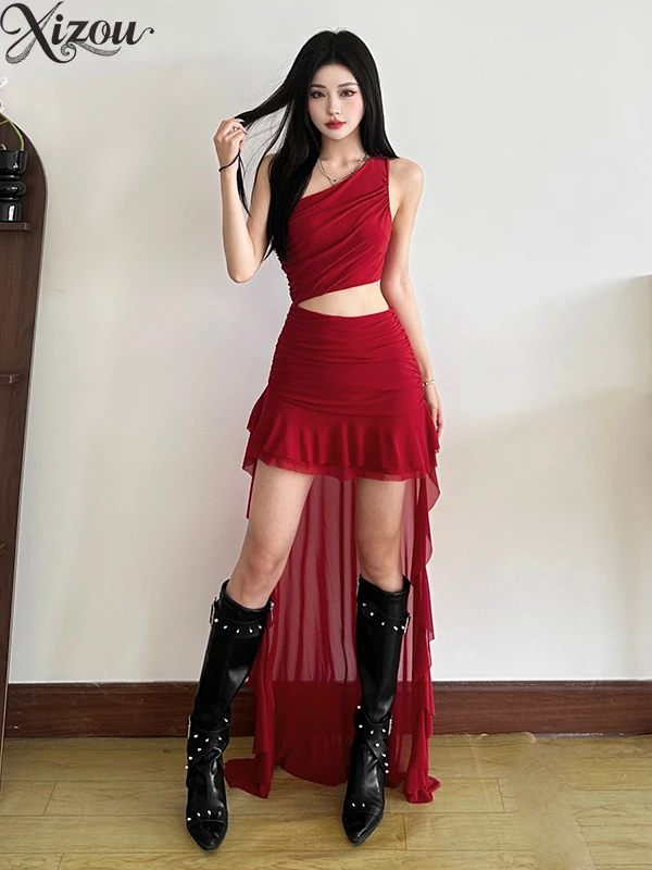 

New Fashion Sexy Short Mini Suspender Dress Mesh Ruffle Splicing Waist Solid Color Irregular Dresses for Women Summer 2025
