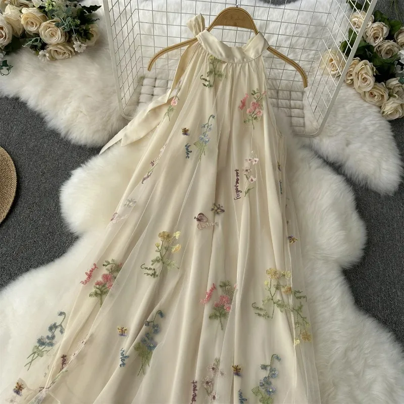 Kimotimo Floral Sweet Beach Long Dress Women Mesh Embroidery Design Halter Sleeveless Off Shoulder Fashion Dresses Summer Robes