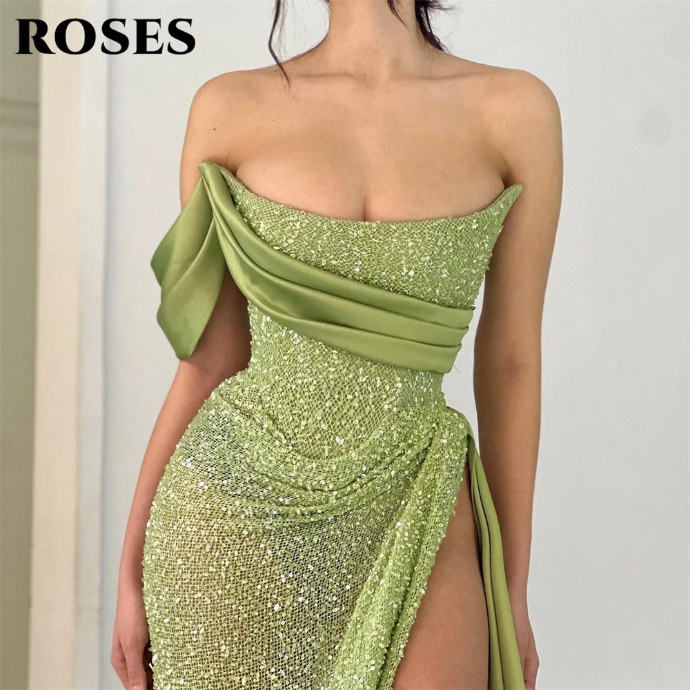 ROSES Mint Green Chic Woman Evening Dress Sequin Gown Ball Gown One Shoulder Night Dresses Gown With High Split robes de soirée