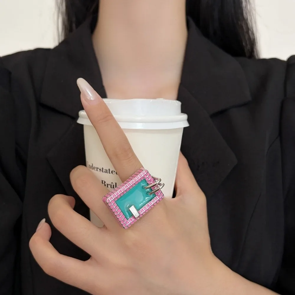 Fashion Color Checkered Swimming Pool Ring Ins Style Sweet Style Party Ring Mini Cool Design Wide Version Ring European Style