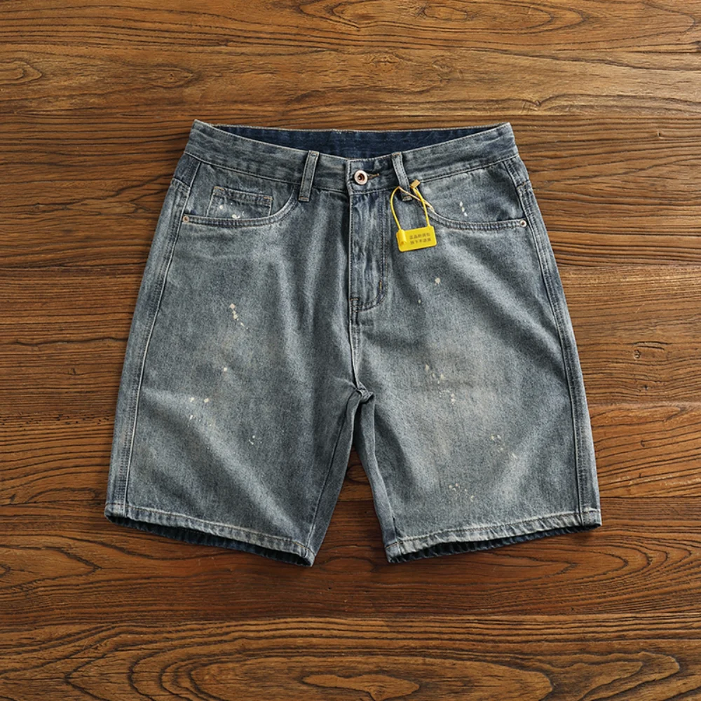 

Summer high street trend spray painted denim shorts for men with American casual wash pants