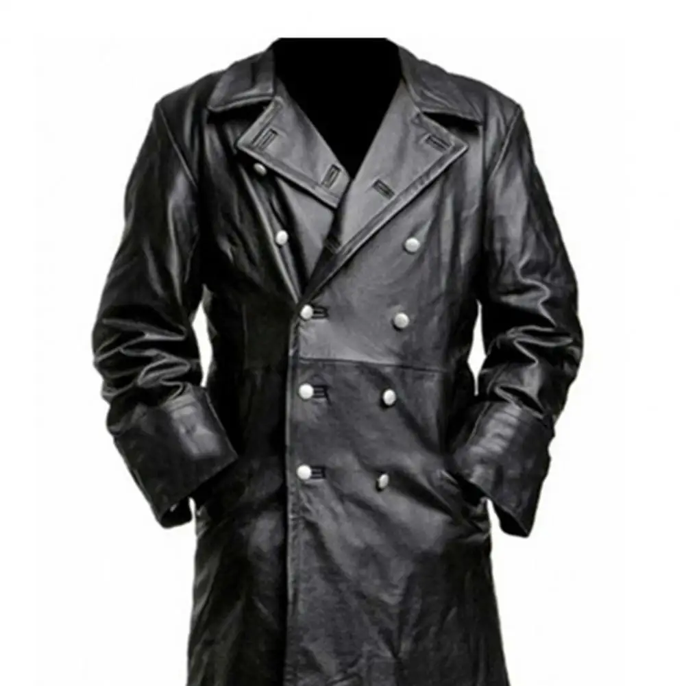 

Men Jacket Lapel Long Sleeve Double Breasted Faux Leather Jacket With Pockets Solid Color Mid-length Outerwear Motorcycle Coat